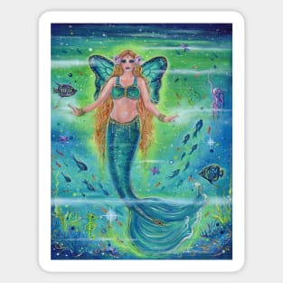 "Inner Peace mermaid" with tropical fish in the ocean copyright Renee L Lavoie Sticker